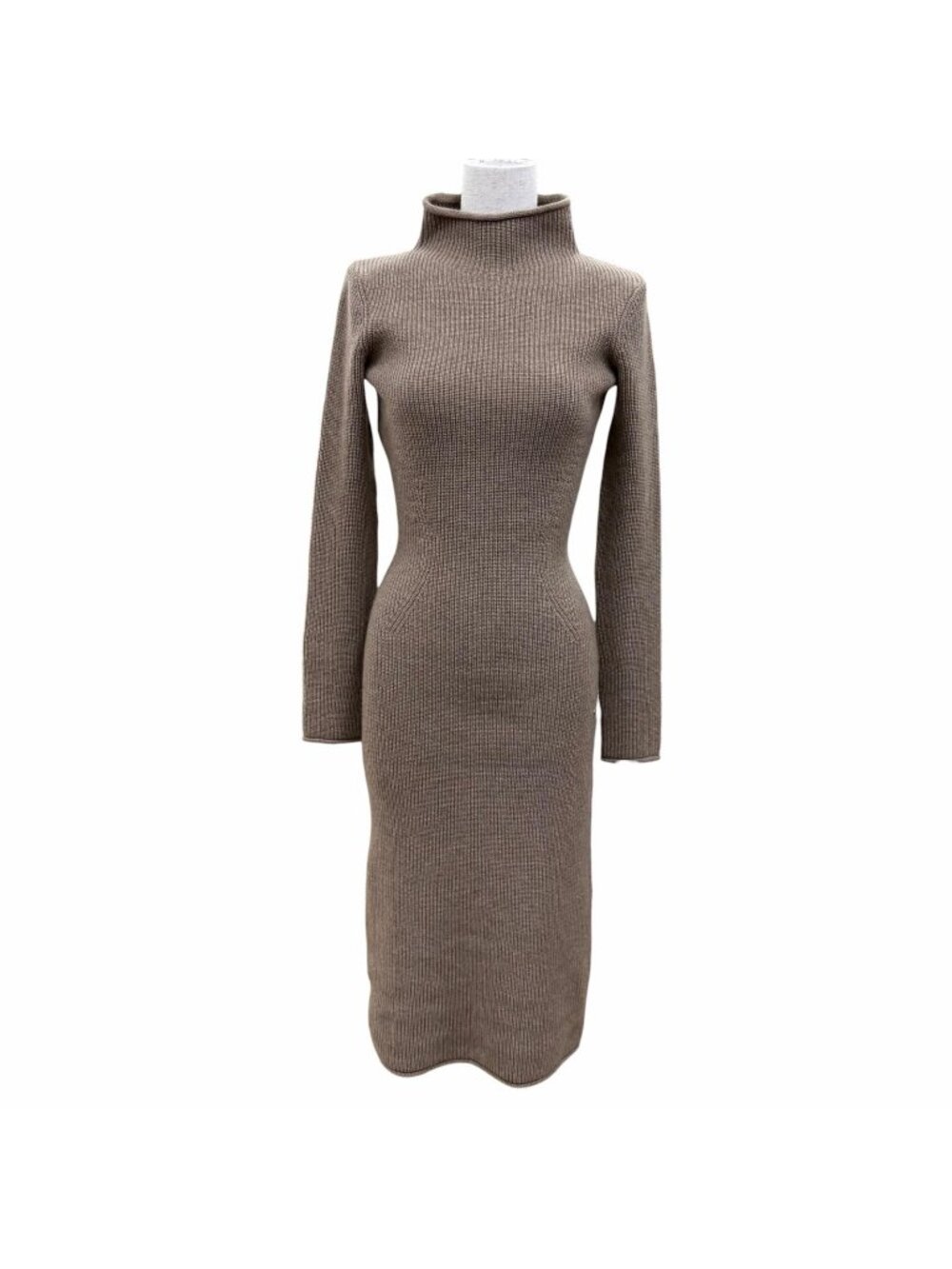 Hermes Cashmere 100% Silver Sellier High Neck Long Sleeve Knit Dress Brown 34